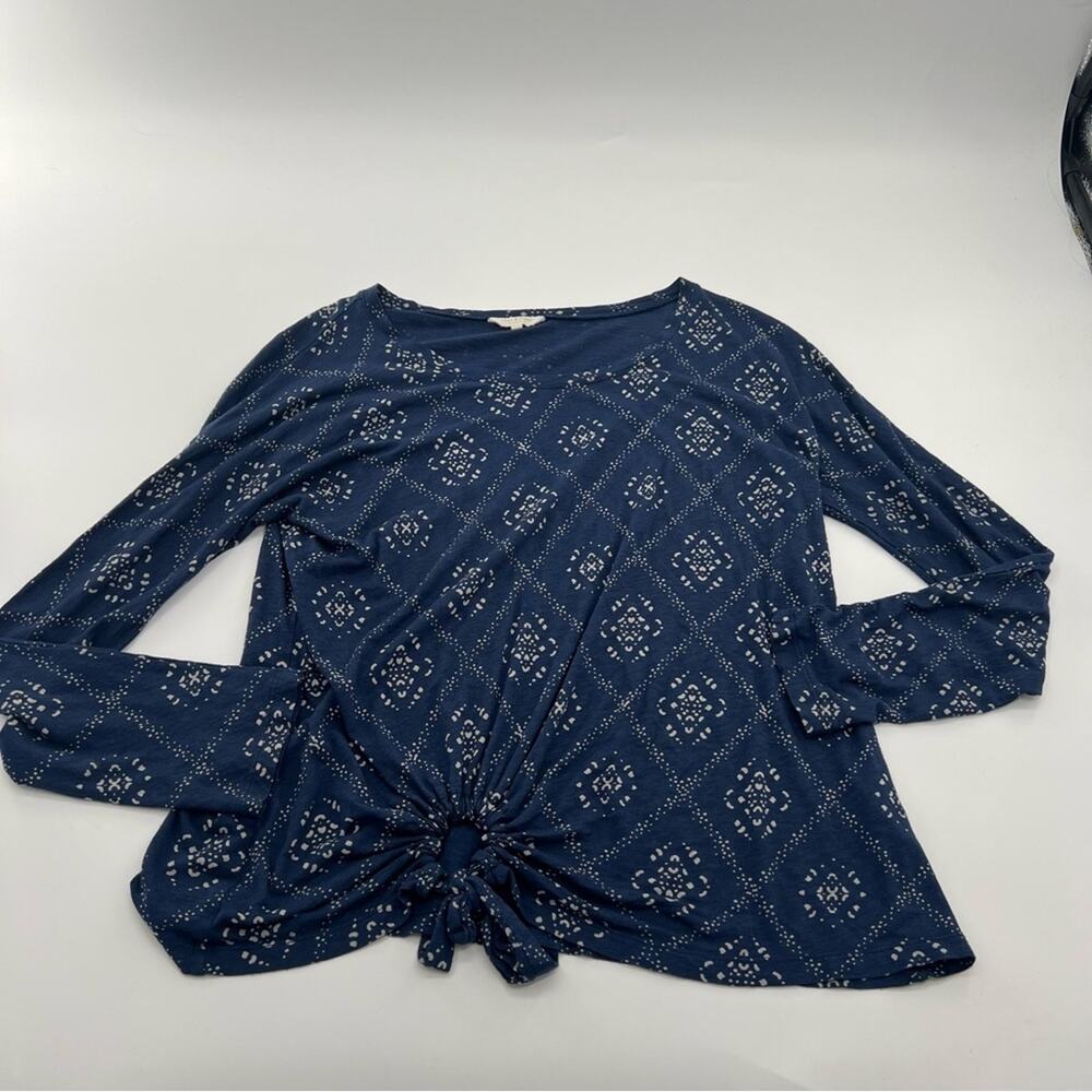 Lucky Brand Navy Blue Long Sleeve Shirt Tie Front Women’s BOHO Bohemian Pattern